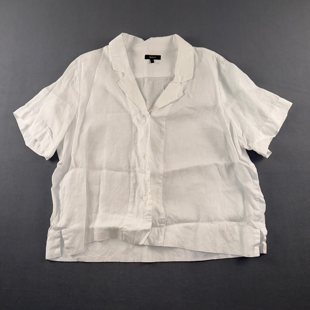 Quince White 100% European Linen Short Sleeve Camp Collar Shirt Large